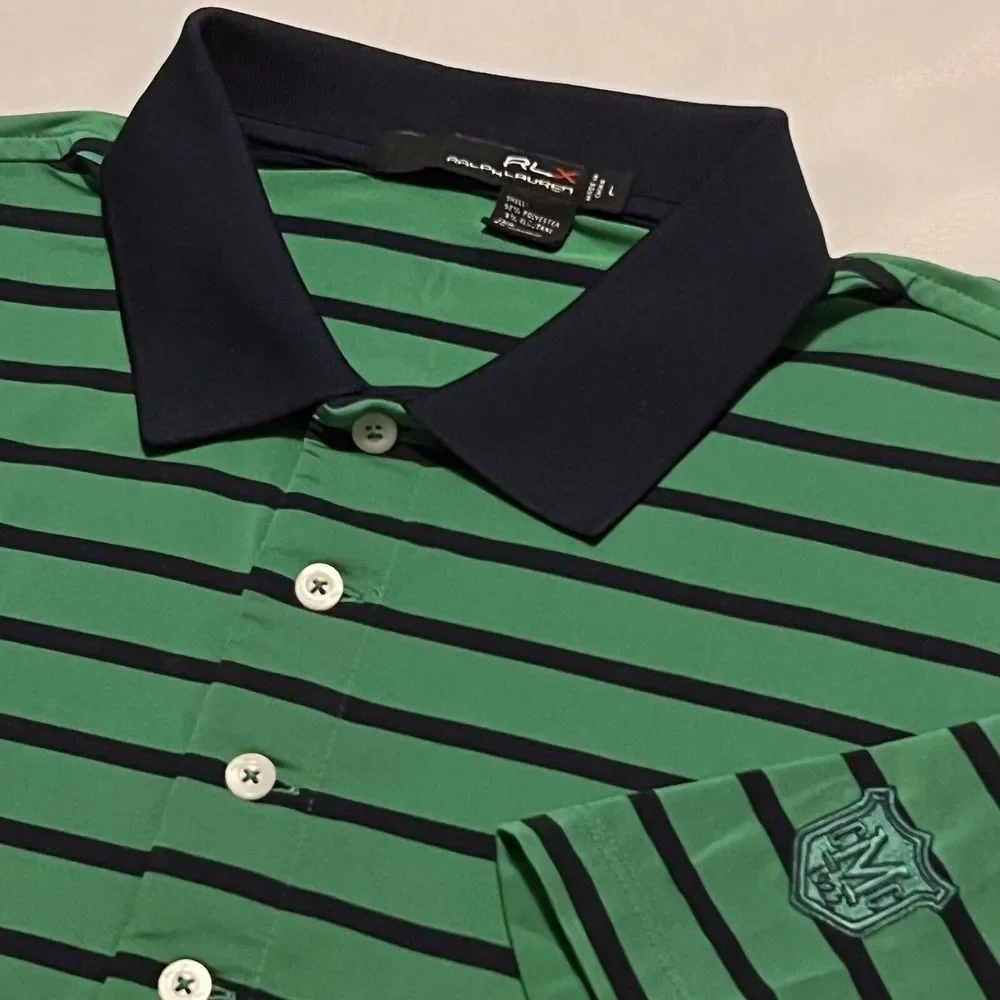 Ralph Lauren RLX Mens Golf Polo Shirt Green‎ Blue Striped Button Collar Large